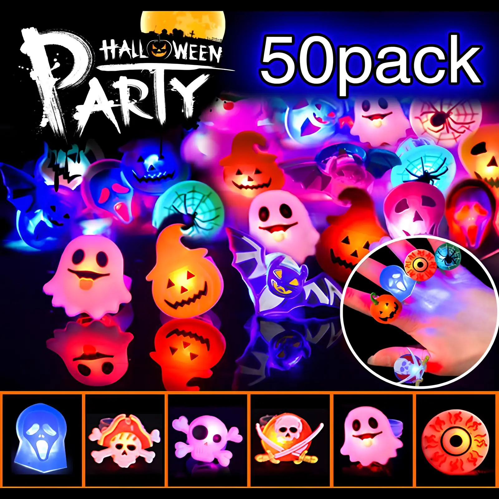 50Pcs Halloween Light Up Rings,Halloween Party Favors for Kids Adults Gifts Halloween Treats,Halloween Christmas Party Decoration Home Horror Props Supplies