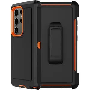 for  Galaxy S24 Ultra Case with 2X Screen Protector, Dual Layer Bumper Cover with Belt Clip Holster & Kickstand, Full  Heavy Duty Phone Case for Galaxy S24 Ultra 5G (Black/Orange)