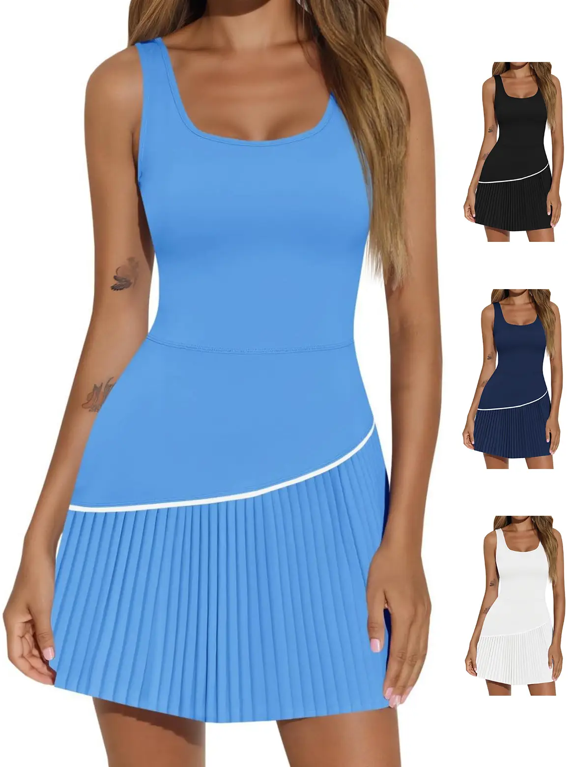 Fisoew Womens Tennis Dress with Built in Shorts and Bra Sleeveless Pleated Golf Athletic Mini Dresses Beach Cover Ups Summer Swimming Cover