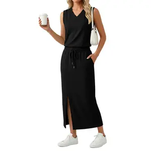 GRECERELLE 2026 Casual 2 Piece Sets For Women Summer V Neck Wrinkle-Free Sleeveless Top Side Slit Maxi Skirt With Pockets