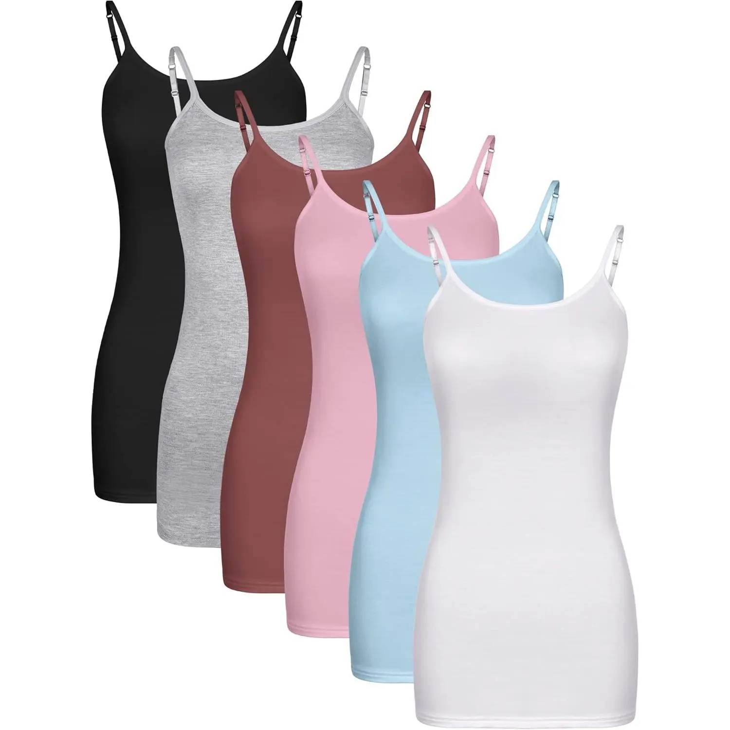 Women's 6-Pack Sleeveless Long Tank Tops - Adjustable Spaghetti Strap Camisole for Workout, Undershirts, Adjustable Strap