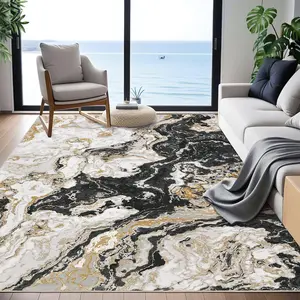 Garvee - Modern 4 x 6 Feet Marble Rug, Washable, Bohemian Abstract Marble Design, Luxury Bedroom Rug, Ideal for High Traffic Areas in Living Room, Kitchen, Dining Room, Black