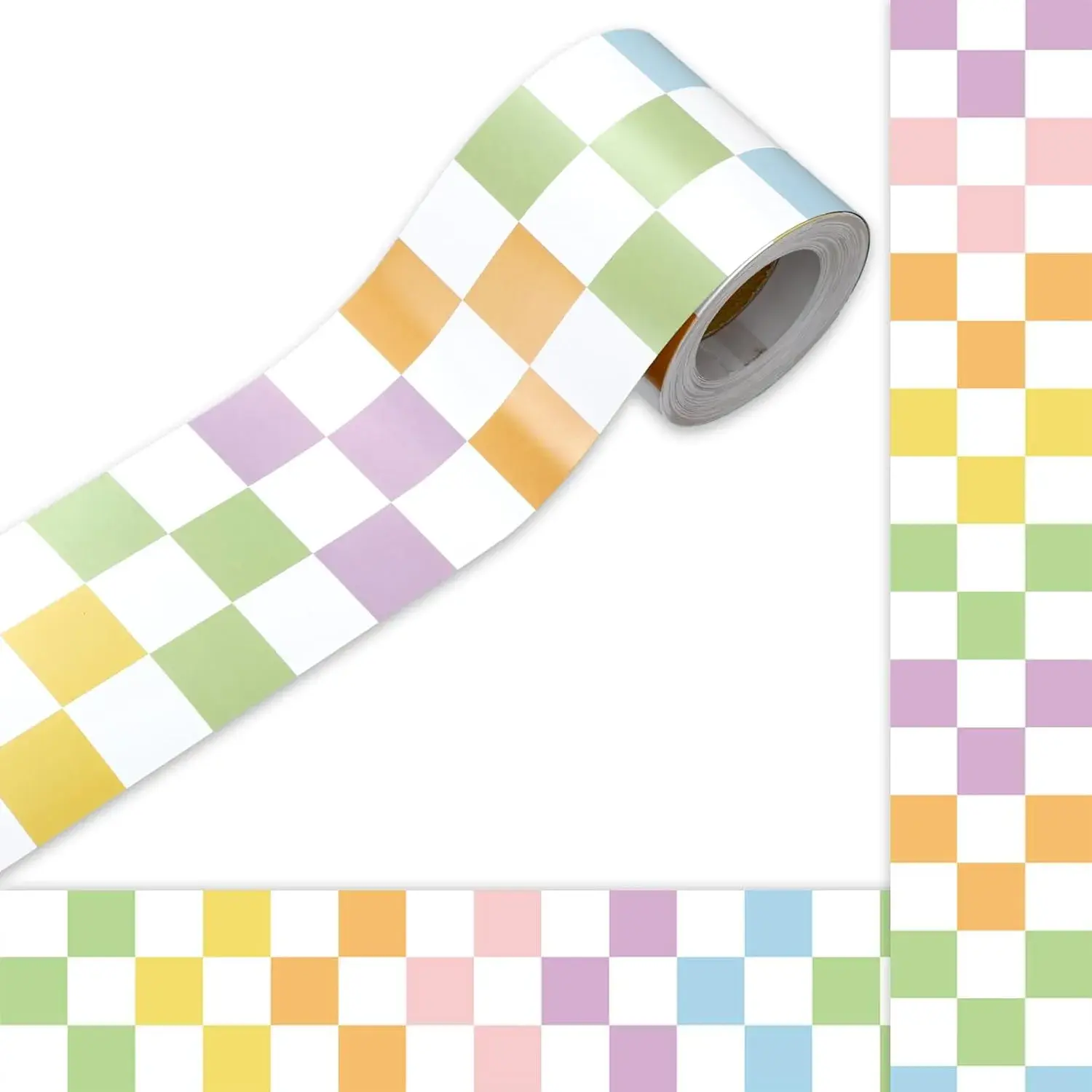 1 Roll Pastel Die-Cut Checkered Bulletin Board Border Trim (32.8 ft x 2.6 in) - Office Stationery for Classrooms Chalkboard Decoration, Party Decorations, Daily Use