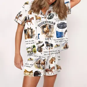 SHESHOW Equestrian Life Silky Satin Pajama Set For Women Print Comfy Satin Sleepwear & Loungewear Pjs Printing Silky Top & Bottoms
