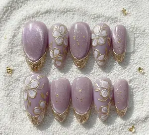 Lilac Gold Floral Press On Nails 3D Flowers, Purple Glitter Nails, Elegant Handmade Reusable Gel Nails, Luxury Bridal Nails Set