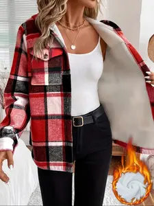 YYTK2025DEC005 Women's Plaid Cotton Fleece Lined Hooded Jacket, Button Front, Fluffy Outerwear, Grid Pattern, Warm Fall Winter Hooded Down, Coat Flannel Shacket - Plus Size  Coat, Long Sleeve Button-Down Shirt Jacket,   Warm Winter Zip-Up Coat