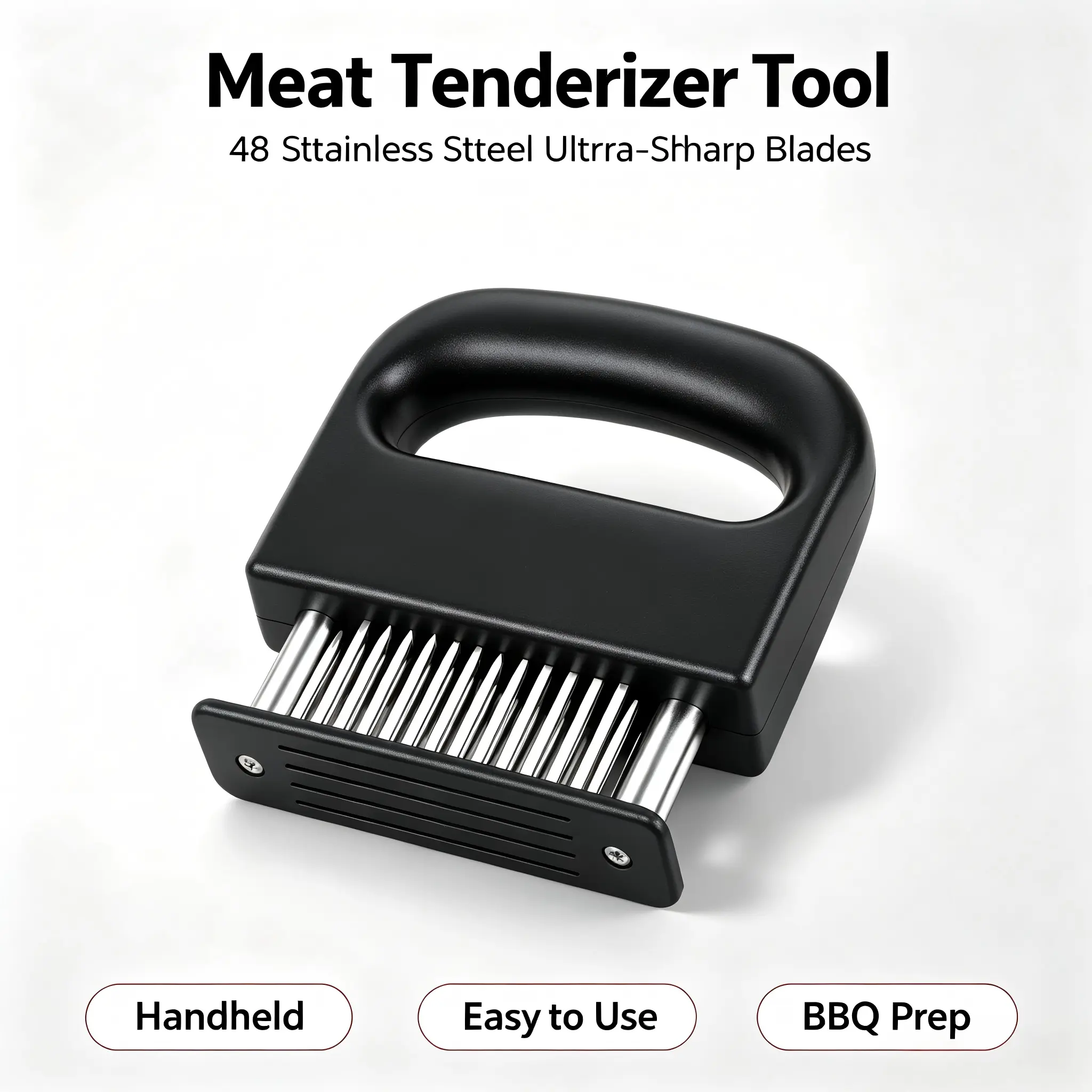 48-Blade Stainless Steel Kitchen Meat Tenderizer - Handheld, Durable, Compact Tool with Safety Stopper, Dishwasher-Friendly, Ideal for Backyard BBQ, Christmas Gift for Home Cooks