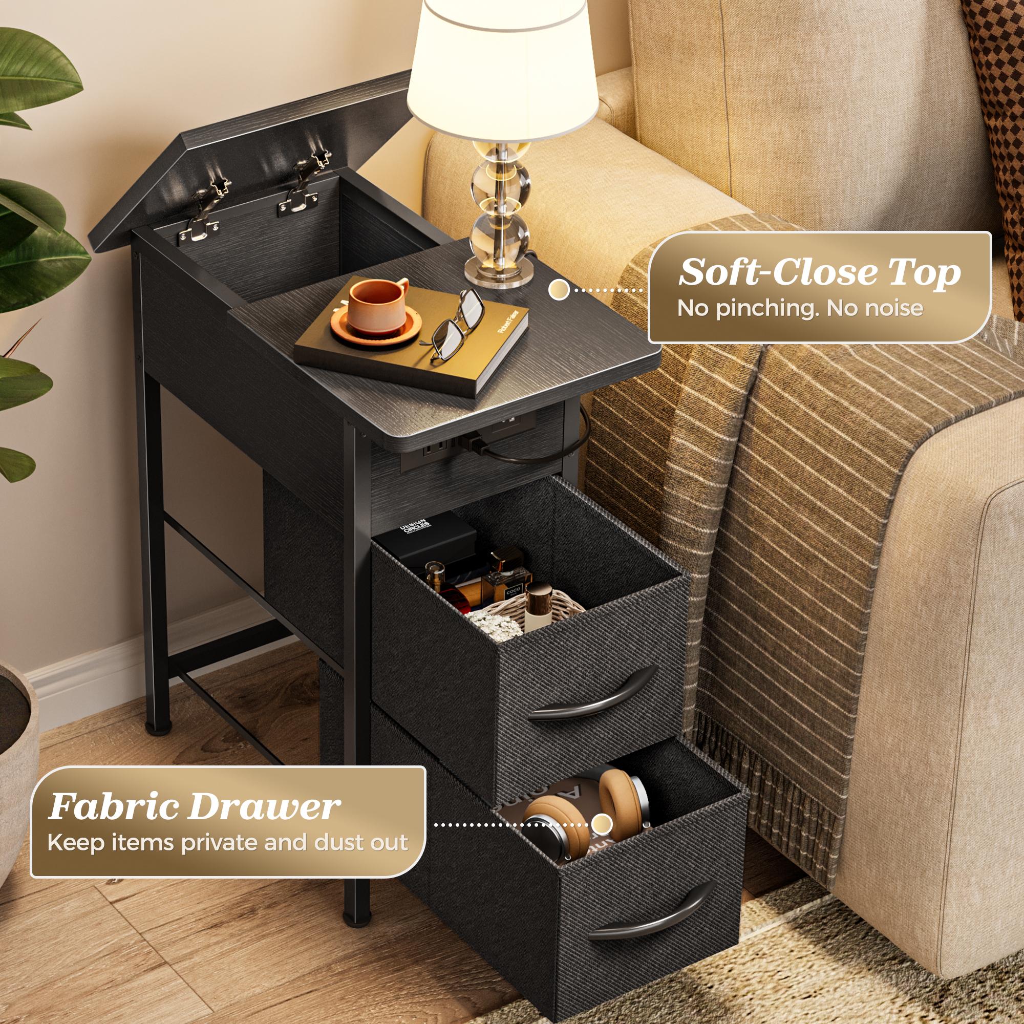 Huuger Narrow End Table with Charging Station, Flip Top Side Table with 2 Fabric Drawers, Slim Night Stand with USB-C Port for Small Spaces, Nightstand Bedside Couch Table, Living Room Huuger Narrow End Table with Charging Station, Flip Top Side Table with 2 Fabric Drawers, Slim Night Stand with USB-C Port for Small Spaces, Nightstand Bedside Couch Table, Living Room