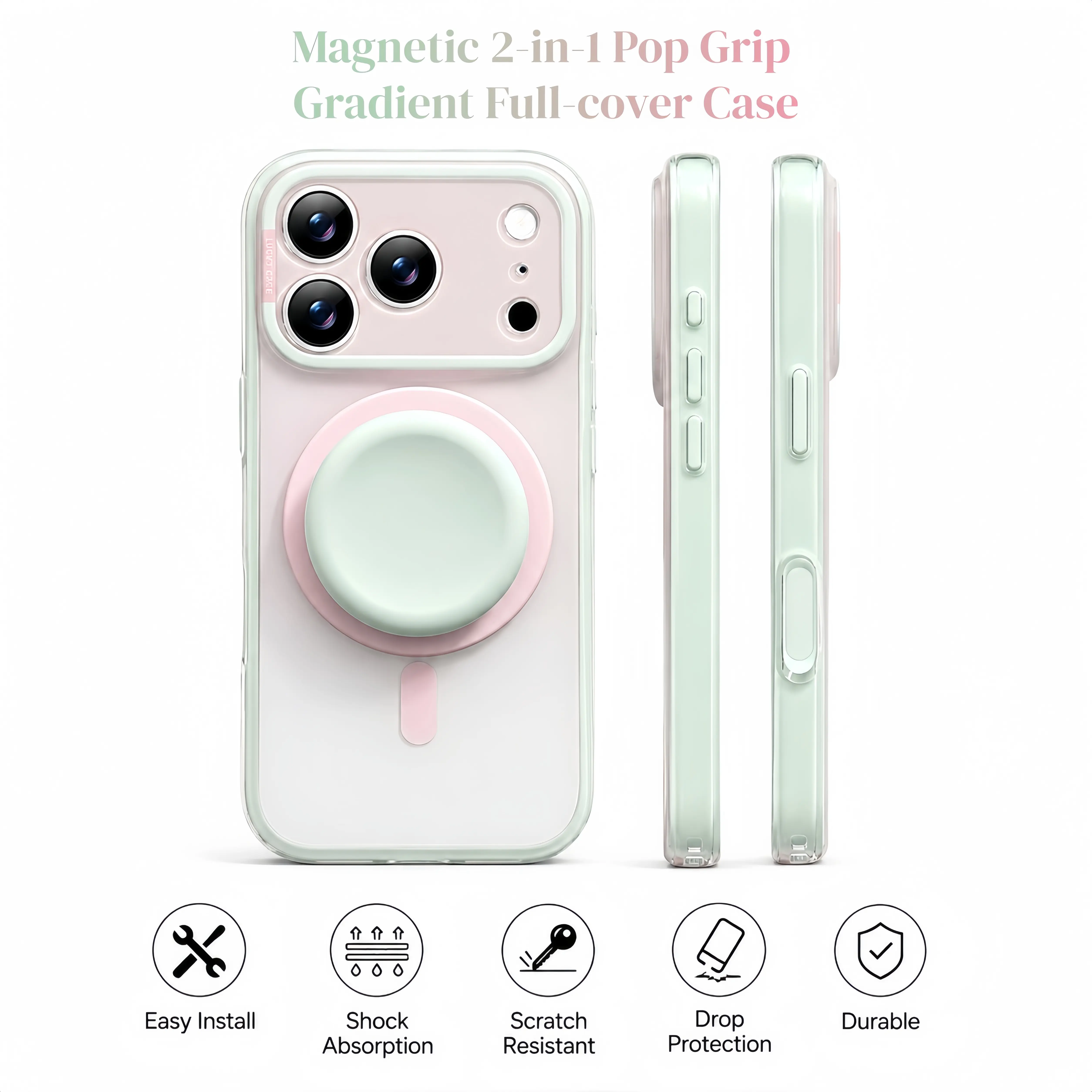 Dopamine Rainbow MagSafe Phone Case with Pop Grip, Cute Summer Macaron Gradient Shockproof TPU Cover for iPhone 17 Pro Max, 16, 15 Pro & 14