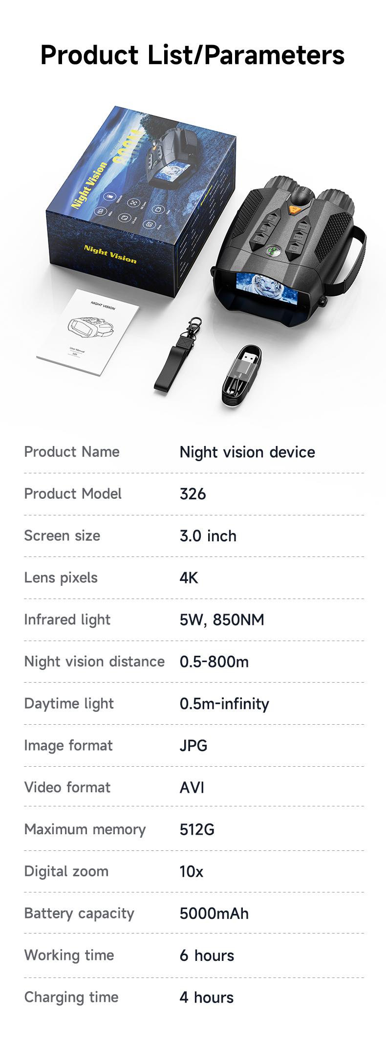 4K HD Night Vision Binoculars, 800m Viewing Range, 3.0" Screen, 5W IR, Photo/Video, Built-in Flashlight, Night Vision Goggles for Hunting, Camping, Surveillance