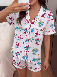 Women's Elf Print Pajama Set, Short Sleeve Button Front Top and Elastic Shorts, Comfortable Home Wear, Festive Sleepwear, Casual