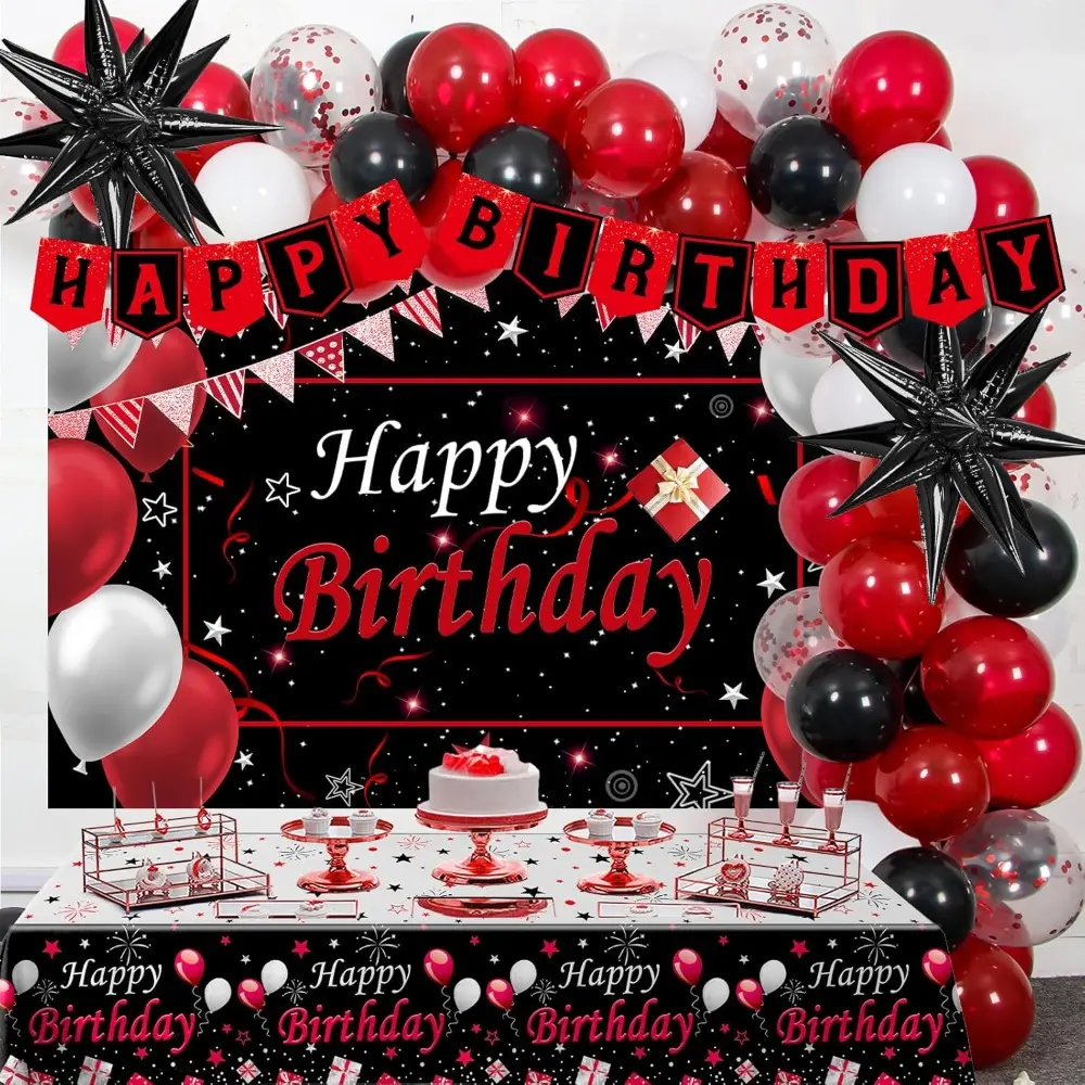 75-Piece Waterproof Red & Black Adult Party Decoration Kit - Thick Fabric, Lightweight, Disposable Festive Supplies with Garland, Latex Balloons, Photography Backdrop Banner, Confetti, Star, Arch, Birthday Table Cover