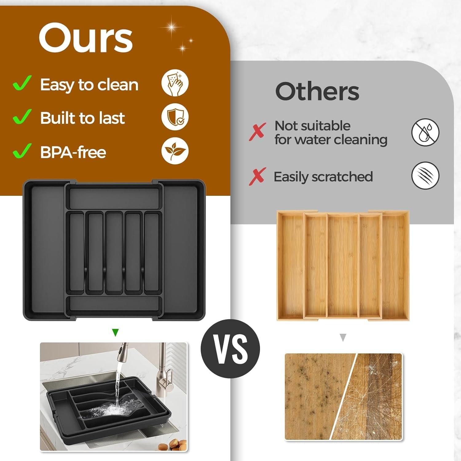 Extra Large Expandable Silverware Organizer – Adjustable Cutlery & Utensil Drawer Organizer, BPA-Free Food Safe Flatware Tray for Spoons, Forks & Knives (Black)