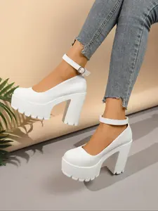 Winter new large size ultra-high waterproof platform thick-heeled rubber leather shoes for women, round-toe single-buckle strap shoes, high-eled waterproof fashion single shoes, suitable for daily, outdoor, banquet dress.