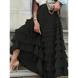 Plus Size Emerald Green Tiered Ruffled Skirt with Sheer Mesh Overlay - Elegant Layered Design, Machine Washable, All-Season Versatile Women's Fashion, Cute Skirts