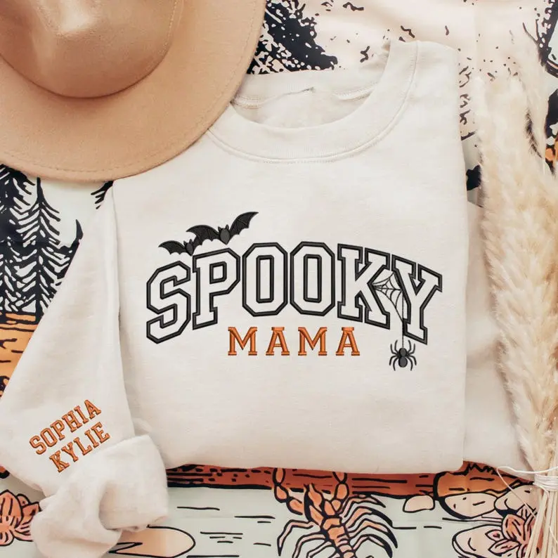 [ADDNOTE] Custom Spooky Mama Embroidered Sweatshirt, Personalized Mama Embroidered Crewneck, Name on Sleeve, Halloween Mama Sweater, Halloween Gifts