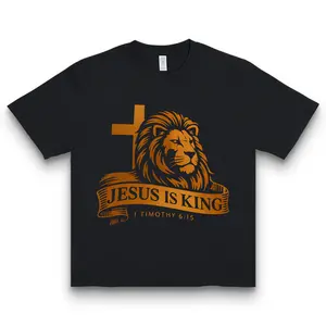 JESUS IS KING Lion & Cross Print Short Sleeve T-Shirt Men's 100% Cotton Fitted Crew Neck Casual Summer Top