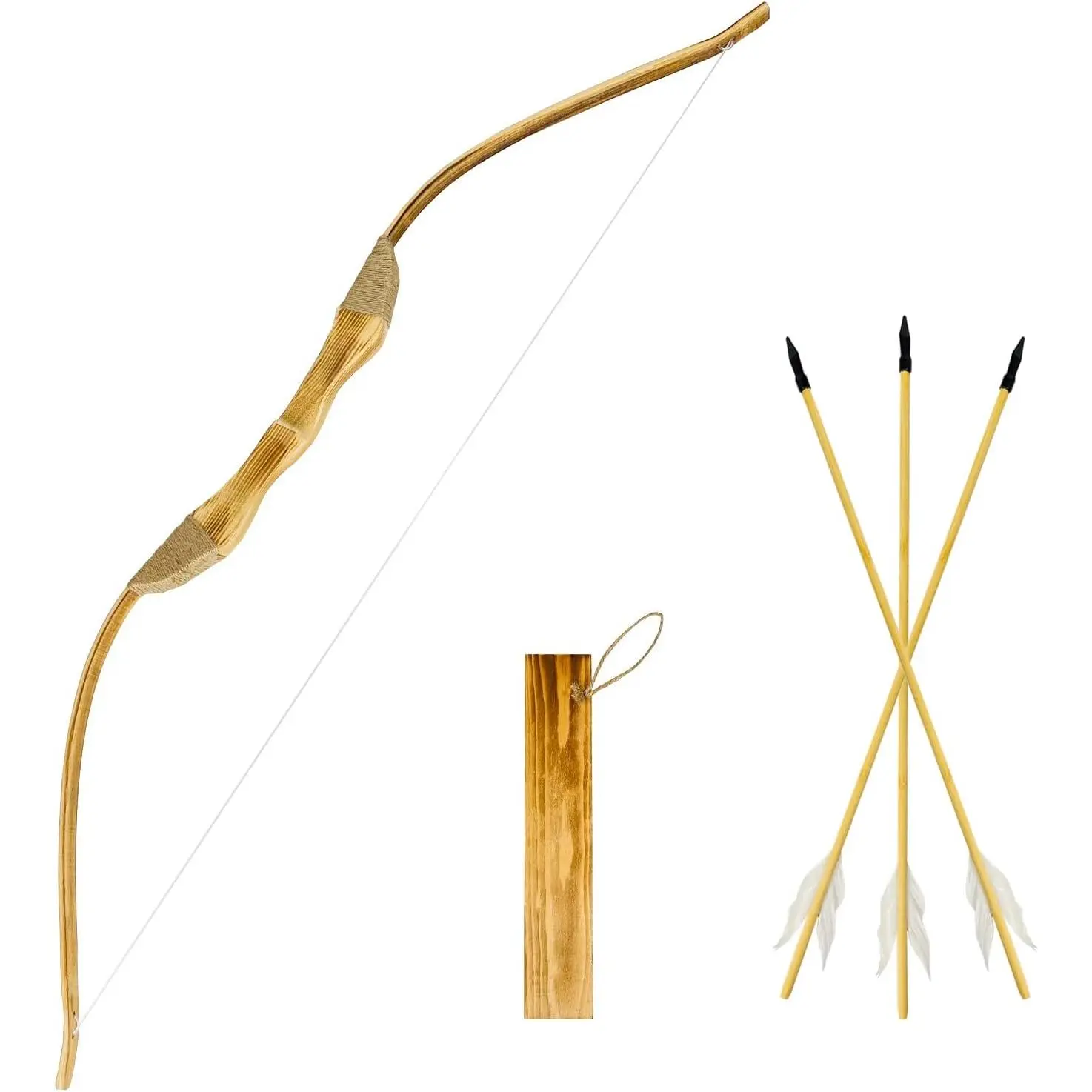 Youth Wooden Bow and Arrow Set, 40 Inch Handmade Wooden Bow and Arrow Cosplay Costume Prop Archery Set Games Toys, 1 Bows 1 Quivers and 3 Feather Arrows, Gifts for Kids Youth Boys and Girl