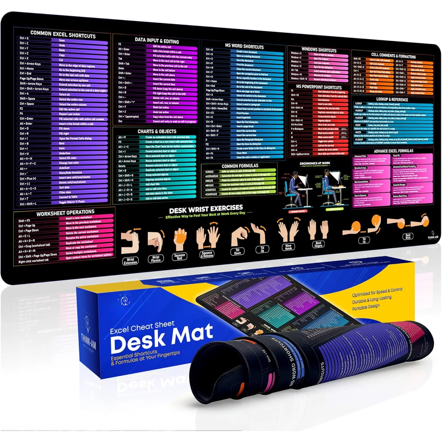 Excel Cheat Sheet Desk Pad, 31.5"x11.8",   Excel Shortcut Mat with Stitched Edges, Anti-Slip Excel  Pad for Office Desk, MS Excel/Word/Powerpoint & Windows Shortcuts