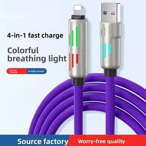 Source Factory 4-in-1 USB Fast Charging Cable with Colorful Breathing Lights for Lightning Micro USB & TYPE-C Smartphones Durable Liquid Silicone 240W Output 1m 1.5m 2m Options Cellphone Electronic Black
