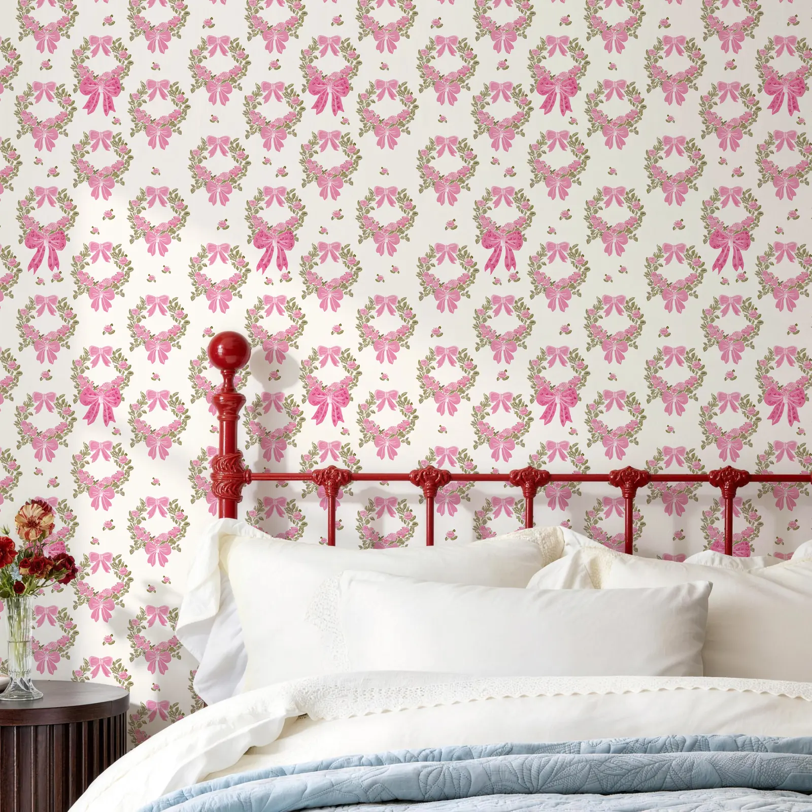 JIFFDIFF Pink Bow Floral Wreath Peel and Stick Wallpaper Removable Self Adhesive Wall Decor for Bedroom Living Room Bathroom Renter Friendly Easy DIY Wall Decor for Accent Wall Home Makeover