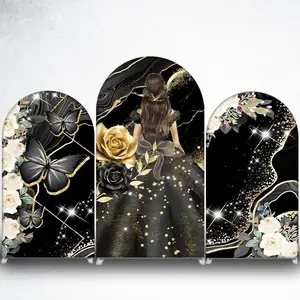 15-day Delivery Black Gold Butterflies White Roses Arch Backdrop Cover for Luxury Events