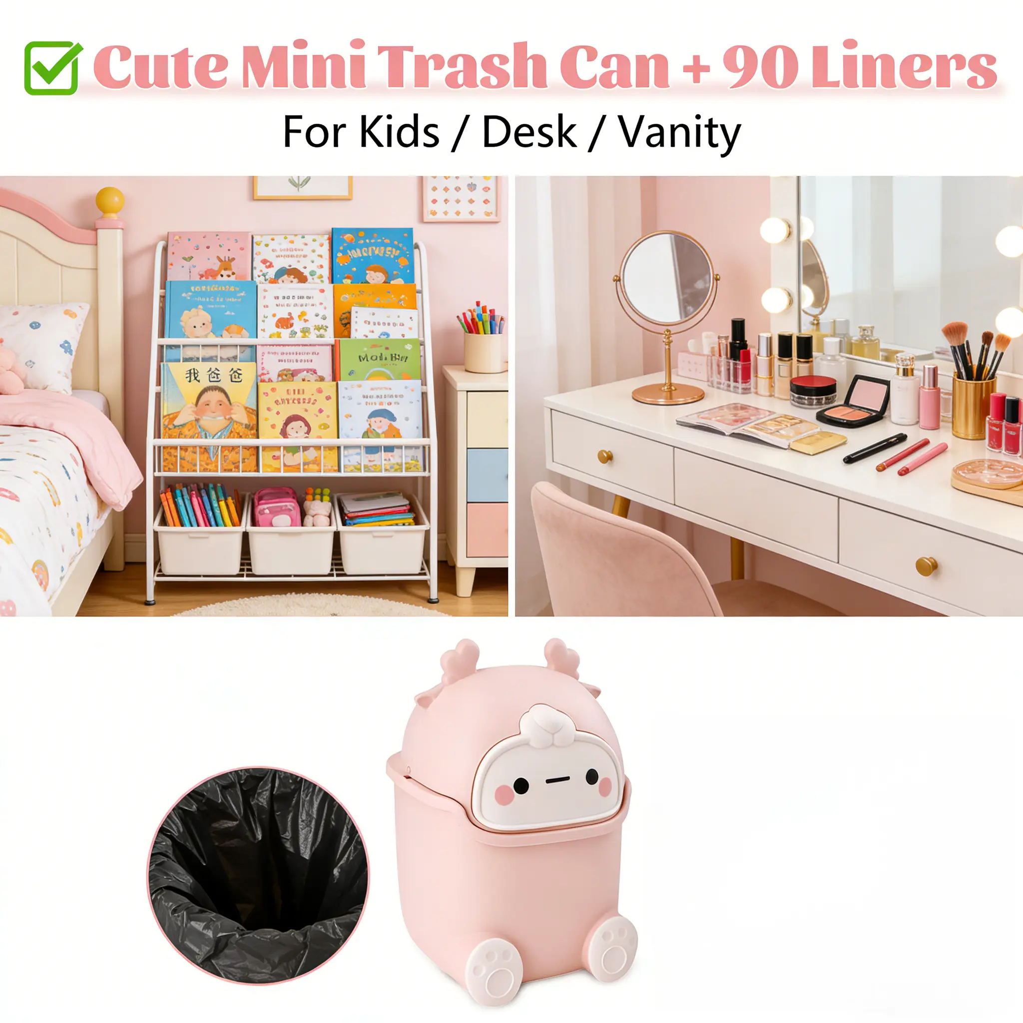 Durable Compact Cartoon Animal Plastic Flip-Lid Trash Can, Small Pink Desktop Bin with Lid for Odor & Dirt Locking, Includes 90 High-Quality Trash Bags, Home Care Countertop Accessory, Ideal Mother's Day Gift
