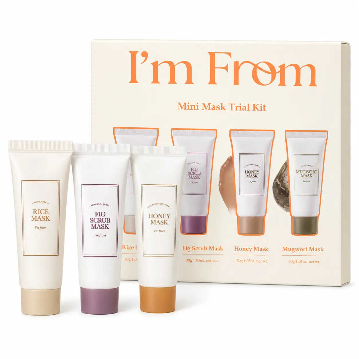 I'm From Mask Trial Kit (3-Piece Travel Set), Rice Clarifying Mask 1 oz, Fig Scrub Mask 1 oz, Honey Nourishing Mask 1 oz, Wash-Off Facial Mask Trio