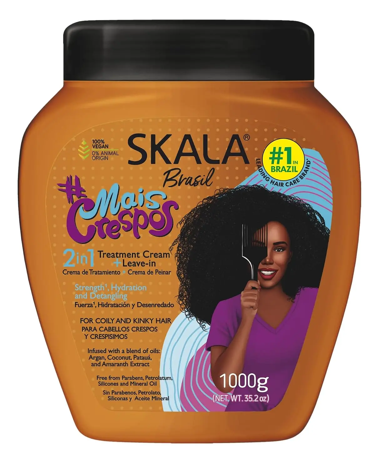 SKALA Mais Crespos 2-in-1 Treatment Cream and Leave-In Conditioner Strength, Detangling and Hydration for Coily and Kinky Hair, 35.2 oz