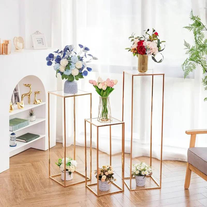 Gold Square Base Acrylic Panel Flower Vase Stand Metal Plant Display Rack Wedding Birthday Party Dining Table Center Decor for Weddings Geometric Centerpiece Stands Modern Event Decoration