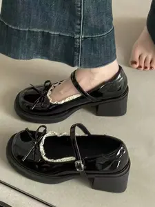 Women's PU Leather Mary Jane Heels, Round Toe Thick Rubber Sole Shoes, Adjustable Buckle, Casual Walking Loafers for All Seasons