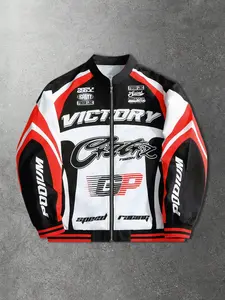 Men's Street Racing Colorblock Jacket, Vintage Casual Zipper Coat, Print, Breathable Loose Fit, Spring & Fall