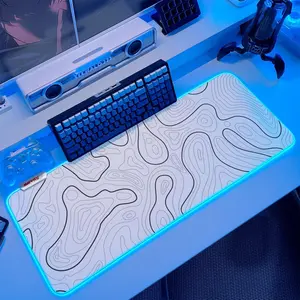 Gaming  Pad RGB Mousepad Non-Slip Rubber Base  Cool XL XXL  Desk Pad Gaming Accessories Setup LED Light Up Big  Pad for Gamer White Topographic (31.5x12In)