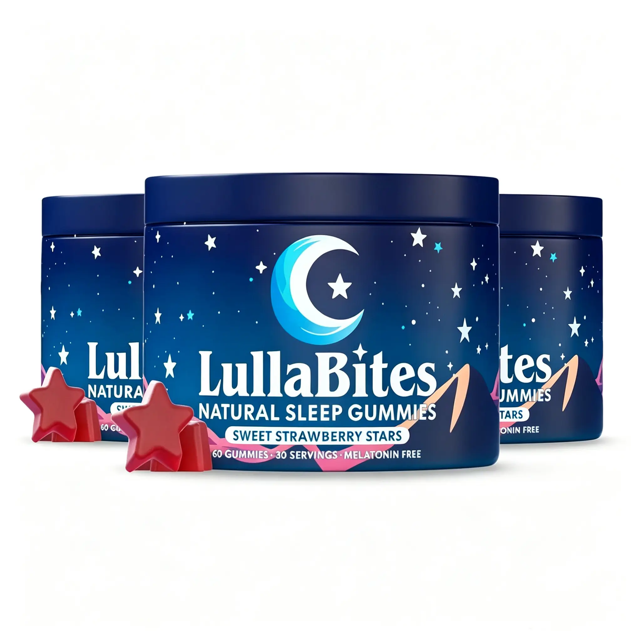 3 LullaBites Natural Sleep Gummies - 30 Servings -Sweet Strawberry Stars (Melatonin Free)