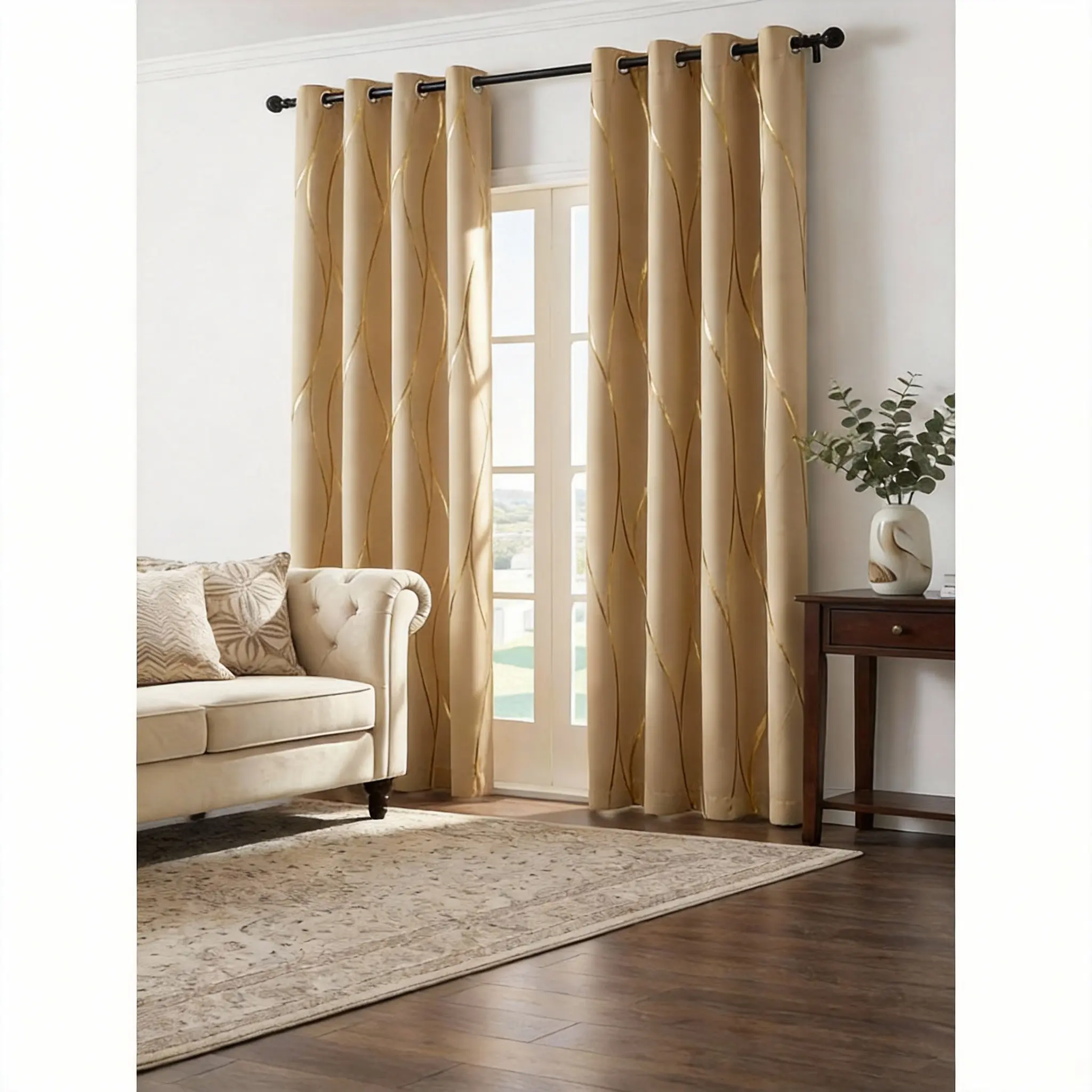 2PCS Wave Pattern Curtains with Gold & Silver Foil Stamping Blackout Perfect for Bedroom Elegant Design for Cozy Environment