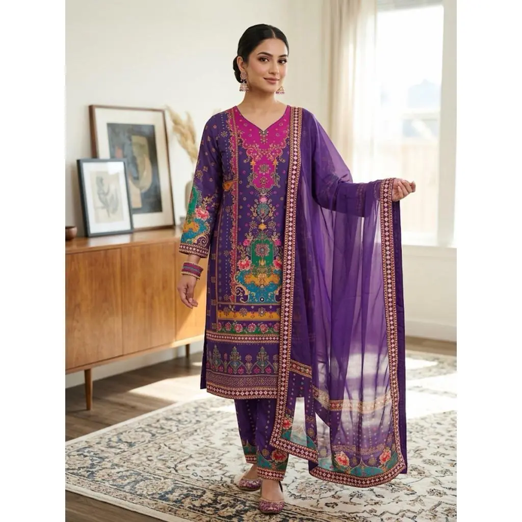 Women's 3-Piece Purple Floral Print Kurta Set Traditional Ethnic Tunic Suit with Sheer Dupatta and Patterned Pants Sizes L-40" to XXXL-46"
