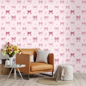 1pc princess-style pink wallpaper with bow print, Decorative wallpaper, made of PVC with adhesive backing, easy to peel and stick, suitable for covering dirty or messy walls, home rooms, concealing wall holes, and renovating old walls