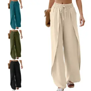 Womens Wide Leg Summer Pants Flowy Side Split Palazzo Beach Pants Boho High Waisted Trousers
