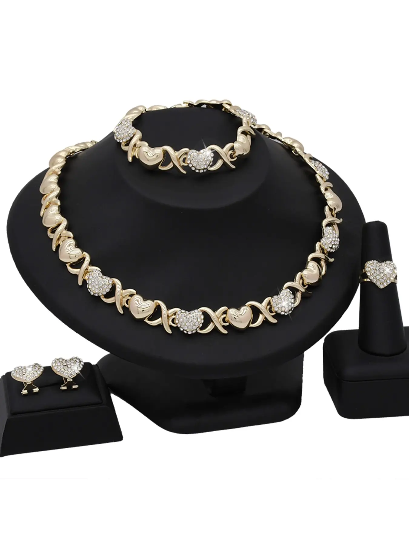 Four-Piece Elegant Heart Crystal Jewelry Set, Wedding Party Bride Necklace Ring Earrings Bracelet Set, Xo Heart Design, Zinc Alloy Chain