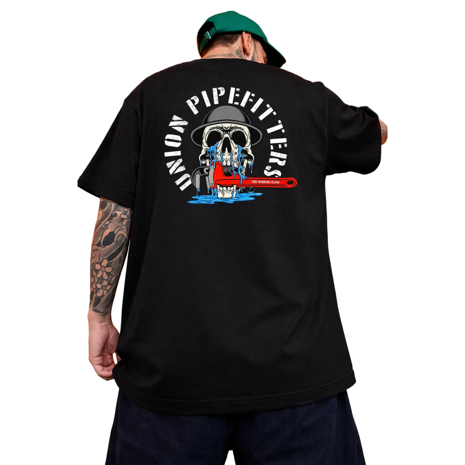 Men's Proud Union Pipefitter Graphic Cotton T-Shirt - Menswear Tops, Short-Sleeve Round Neck, Athletic Casual Workwear for Blue Collar Plumbers & Construction Workers with Badge Prints