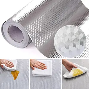 Kitchen Wallpaper Oil Proof Sticker AluminumFoil Backsplash Self-Adhesive Contact PaperCabinet Liner Waterproof Heat Resistant PeelStick Wallpaper 15.7X118 Inches Cube TextureSilver Non-Woven，Oil Proof Heat Resistant, Easy Clean