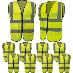 reflective safety vests with pockets zipper high visibility yellow construction vest for men women durable ansi class 2 work vest strips vests for outdoor work