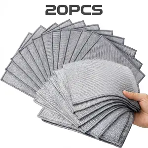 PSOS 20 Counts Multipurpose Non-Scratch Wire Dishcloths – Reusable Dishwashing Rags for Wet & Dry Use, For sinks, pans and dishes,Silver, 2-Layer Kitchen Cleaning Cloth Cleaning Tool