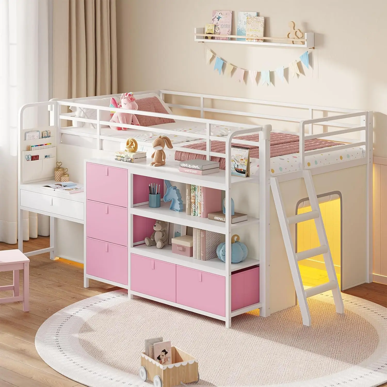 Sikaic Twin Size Low Loft Bed with Desk and 6 Storage Drawers, Bookshelf, LED Lights & Under-Bed Space, Metal Loft Bed Frame with 13.8" High Safety Guardrails, Inclined Ladder & Curtain, Home Furniture, Dorm Essentials [tiktokshopbacktoschool]