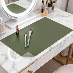 Makeup Mat for Vanity, 14 x 24 Dual-Sided Desk Pad & Vanity Cover Top, Waterproof PVC Protector Mat for Dresser, Nail Art, Craft Table (Green+Grey)