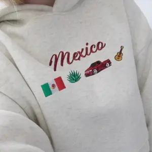 Mexico Embroidered Sweatshirt With Mexico Flag, Trocka, Agave, Guitar Soft and Full Embroidery