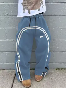 Unisex Fashion Casual Street Style Washable Striped Sweatpants, American Double Arc Wide Leg Pants, Multi-Color, Loose Fit, Zipper Cuffs