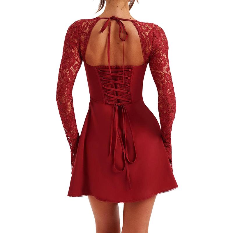 Women Long Sleeve Mini Dress Casual Lace Patchwork Tie up Backless A-Line Party Dress for Cocktail Streetwear
