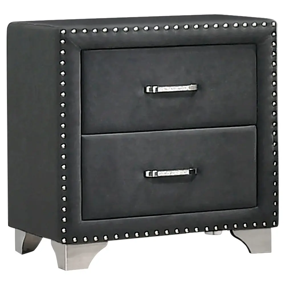 Grey Velvet Upholstered 2-Drawer Nightstand with Nailhead Trim, Tapered Legs - Elegant Luxury Bedroom Furniture with Storage for Regal Look