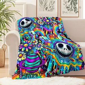 Psychedelic Skulls & Floral Flannel Blanket, Vibrant Throw Blanket for Cozy Home Decor, Perfect for Camping Trips, Office Warmth, or Snuggling Up in Style, Ideal Gift for Halloween Lovers!